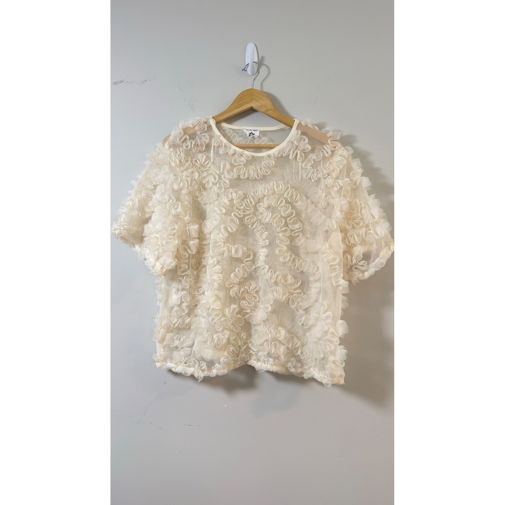 Wicked Majesty Top Cream Sheer 3D Ruffle Mesh Floral Short Sleeve Womens L